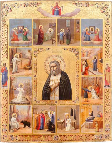 ПРЕПОДОБНЫЙ СЕРАФИМ САРОВСКИЙ, С ЖИТИЕМ И МУЧЕНИКАМИ ВИКТОРОМ И АГАФЬЕЙ НА ПОЛЯХ. Около 1903 года. Мастерская Серафимо-Дивеевского монастыря. Дерево, смешанная техника. 89 × 71 см. Собрание Музея им.Андрея Рублева