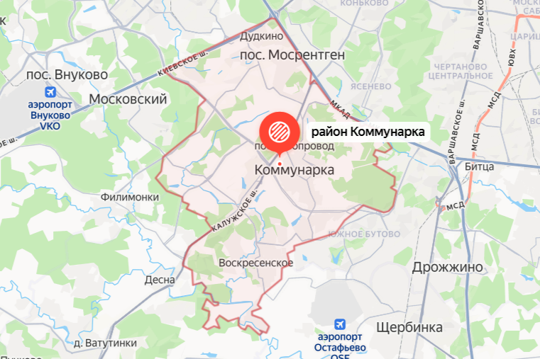 Границы района Коммунарка на карте. Источник: Яндекс Карты 