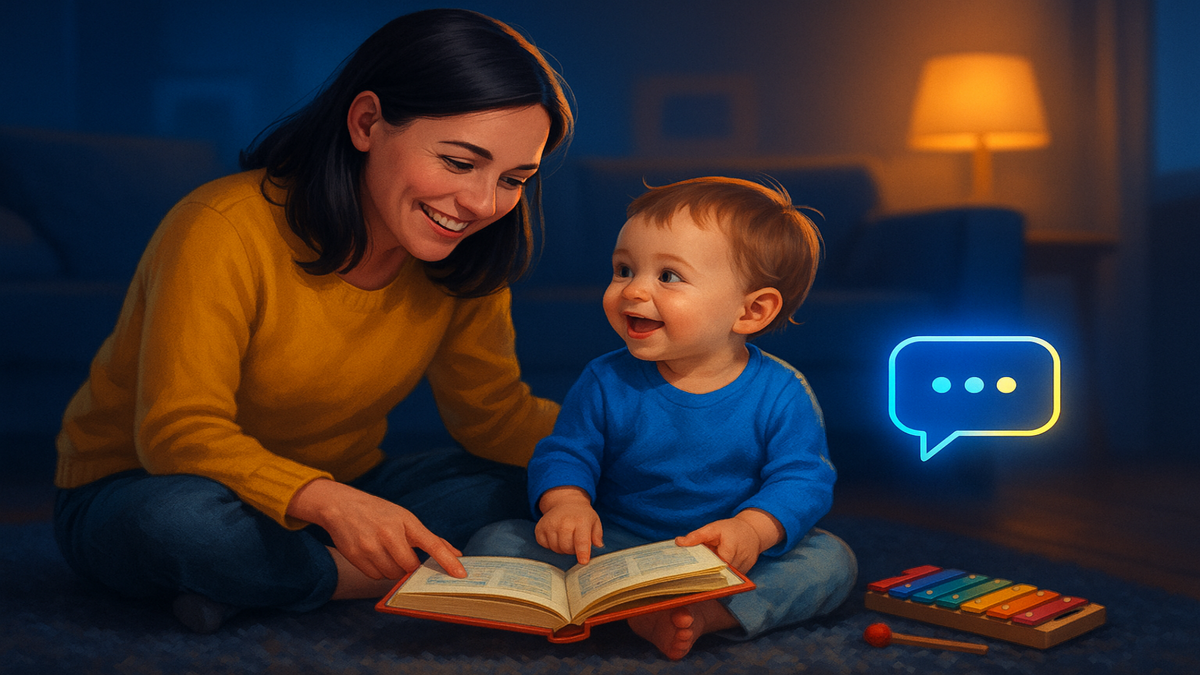 👶 Мама и малыш в тёплой обстановке — вместе читают и играют, с поддержкой ИИ незримо рядом.