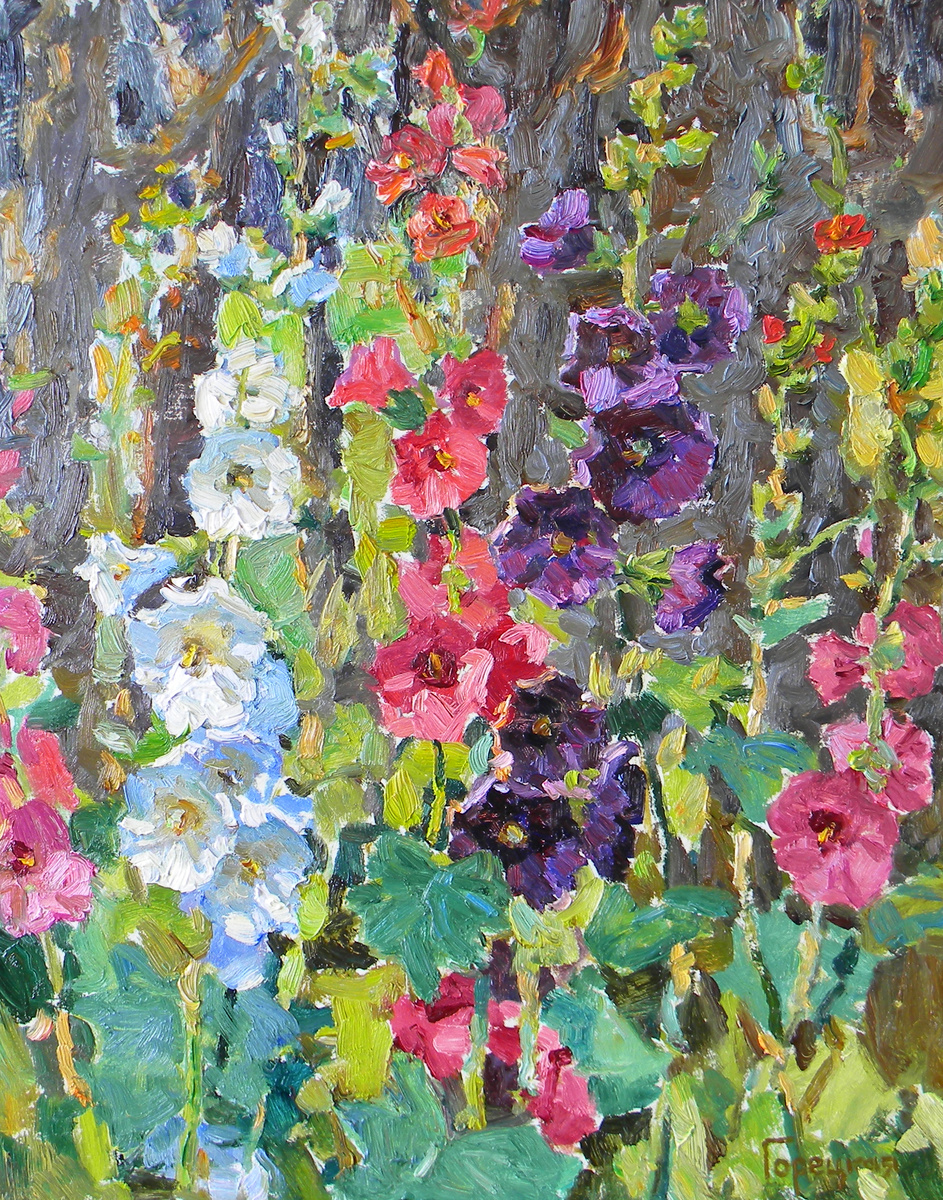 Полина Горецкая "Мальвы" 2025 картон, масло 70х55