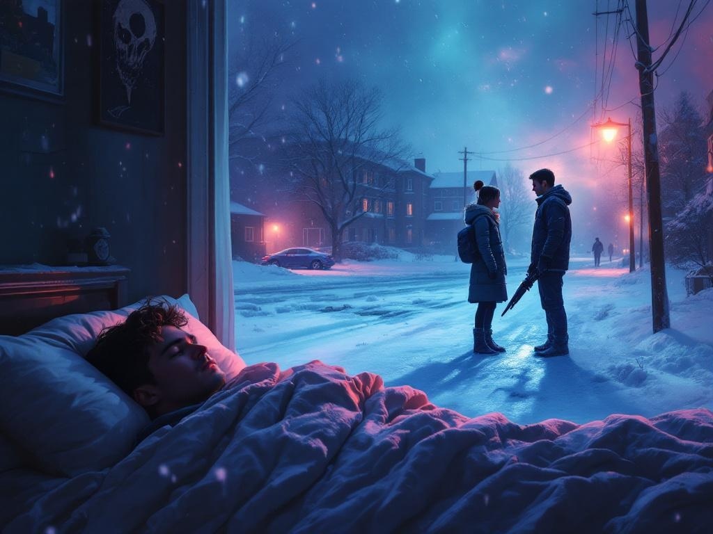    К чему такое снится: На картине я изобразил зимний уличный бой: девушка в зимней одежде задумчиво смотрит на раненого молодого человека, в ее руке оружие. Вокруг них снежный пейзаж, дале