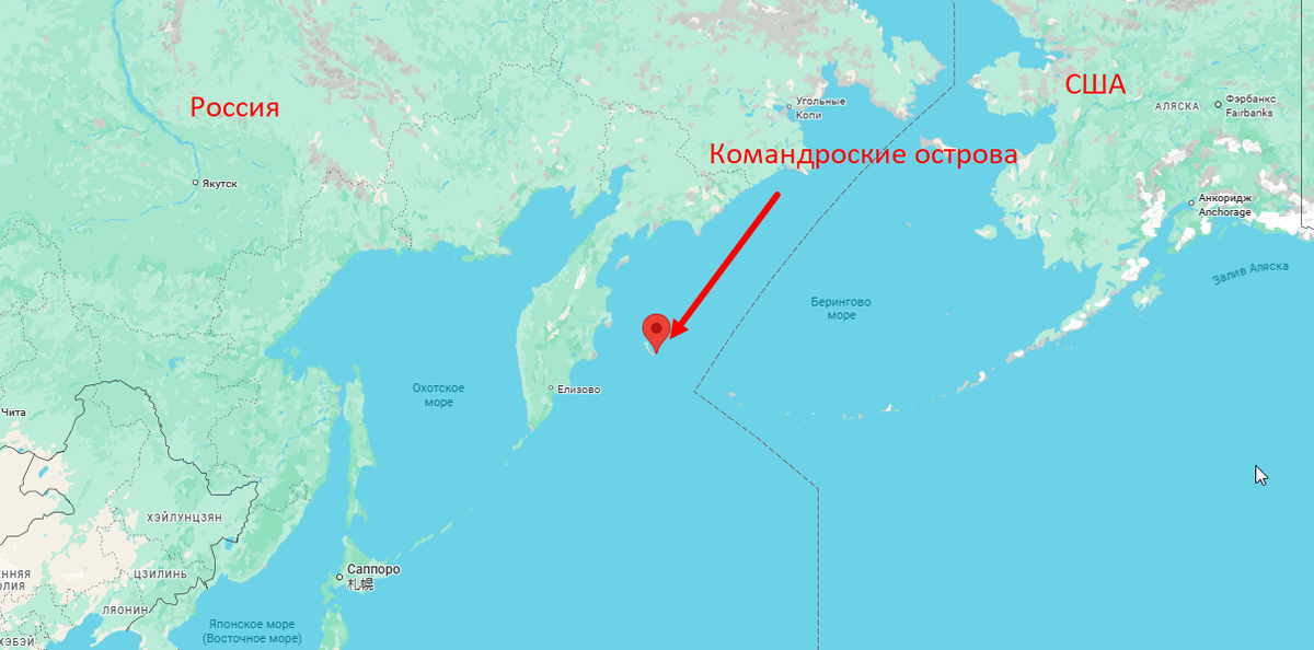 Эта маленькая точка и есть Командроские острова. Недалеко от границ США и России.
