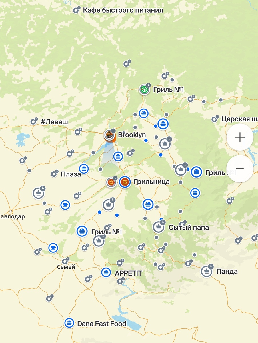 Скриншот карты 2гис с точками шаурмы