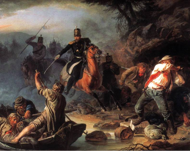 В. Худяков. Стычка с финлядскими контрабандистами. Холст, масло, размер - 96,5 x 135,3