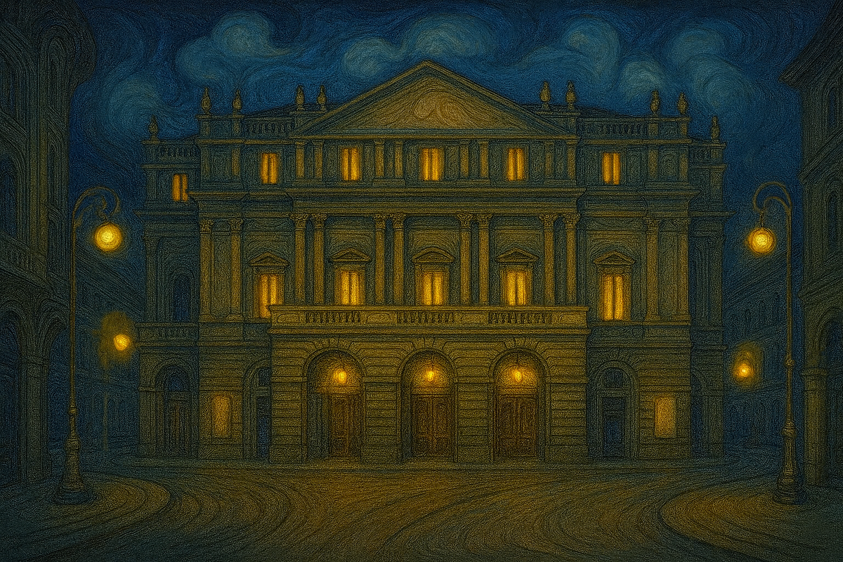 Ночной фасад театра «Ла Скала», который открылся 3 августа 1778 года.