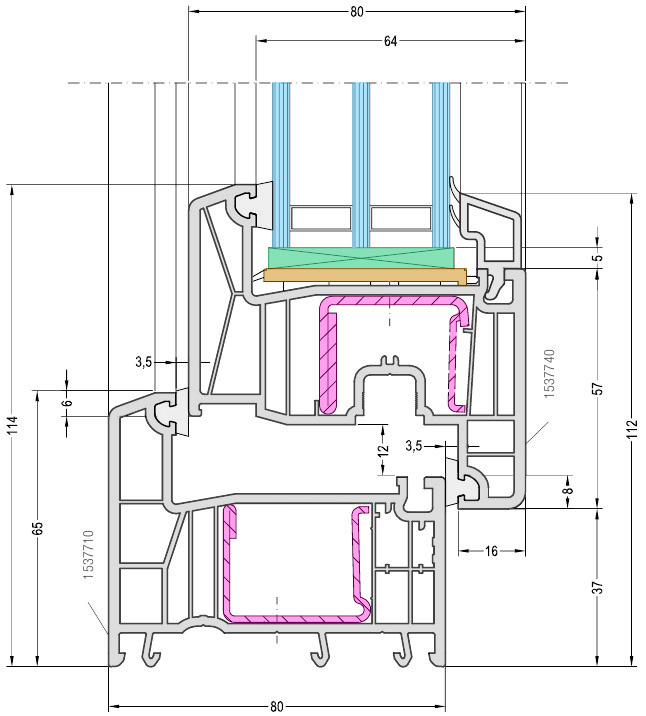 основная пара профилей (рама-створка) системы Рехау Intelio 80