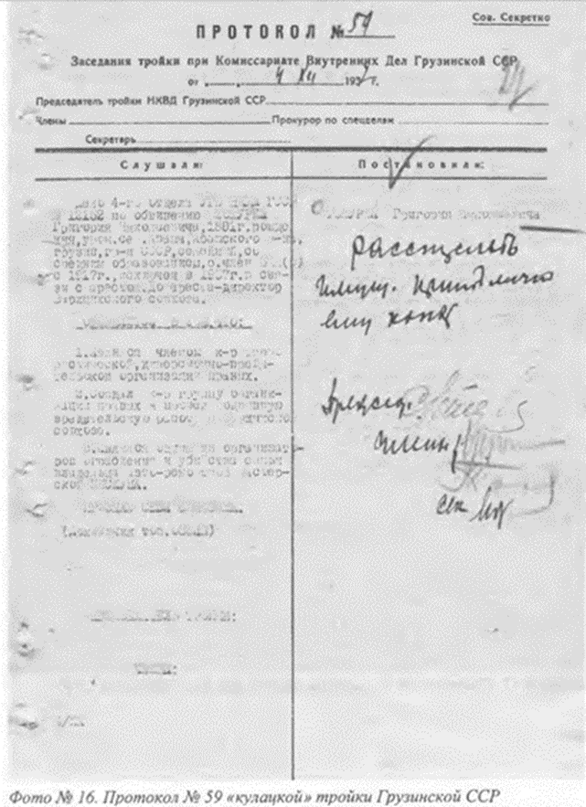 Рис. 4.72. Протокол расстрельной «кулацкой» Тройки на том же самом бланке с тем же самым названием инстанции.