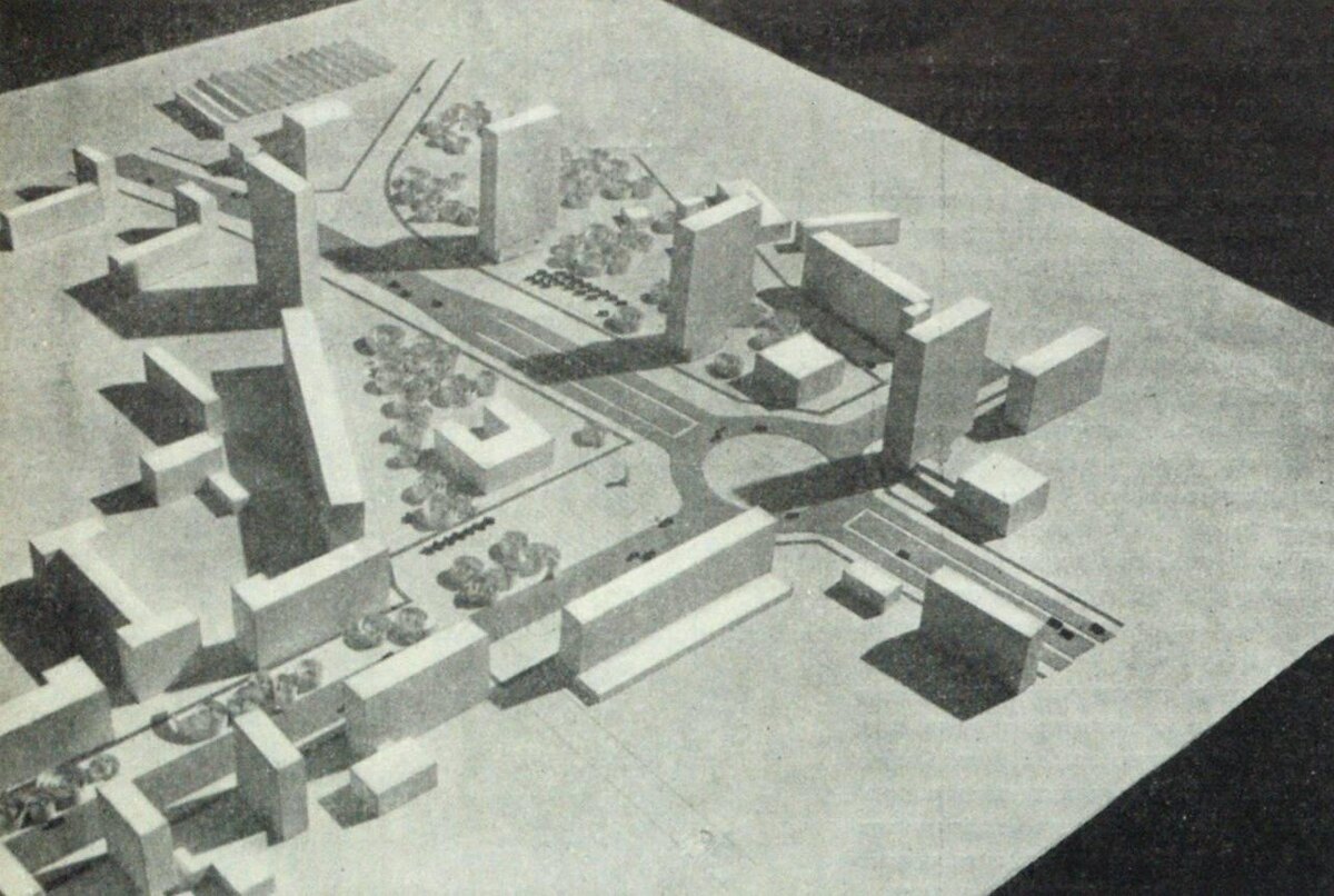 Проект застройки Семеновской площади. Макет. Изображение взято в порядке цитирования. Источник: Строительство и архитектура Москвы, №12, 1968.