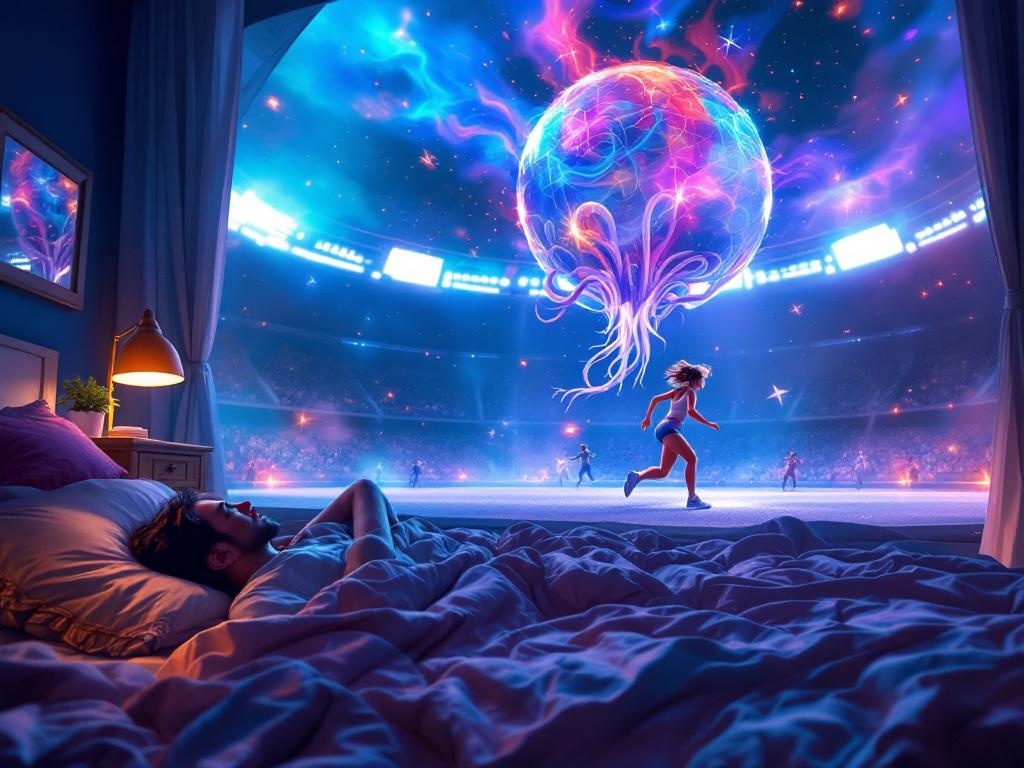    К чему такое снится: На картине изображена сцена игры в кальмара: женщина бежит по игровому полю, энергично уворачиваясь от противников. Вокруг неё видны другие игроки, действие происход