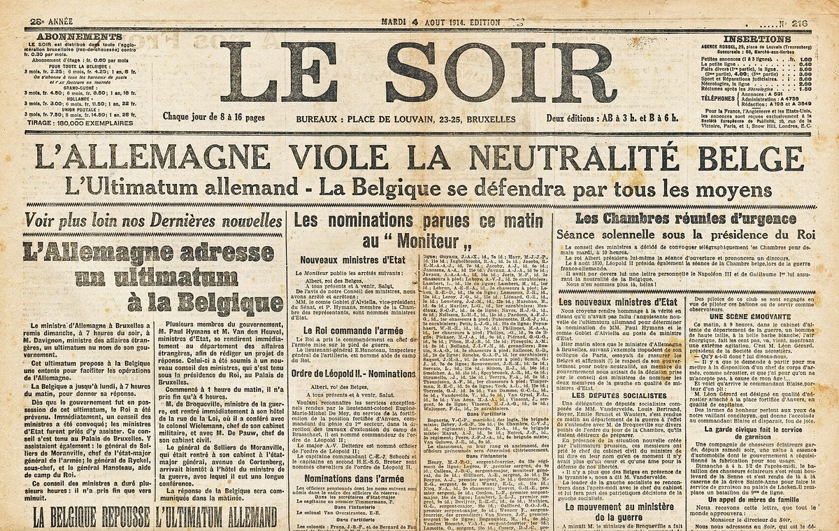 Заголовок газеты «Le soir» от 4 августа 1914 года: «Германия нарушает нейтралитет Бельгии»