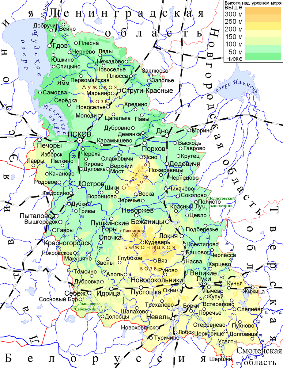 Физическая карта Псковской области. 