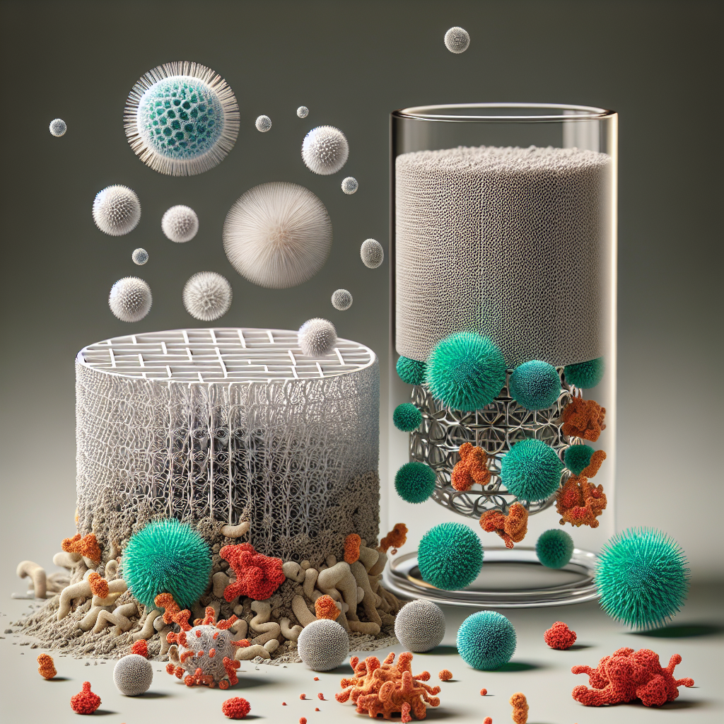 Макросъемка микроскопических вирусов, бактерий и спор плесени, встречающихся в домашнем воздухе, рядом пористое стекло устройства DYPEMOP, вирусы разрушаются и исчезают.