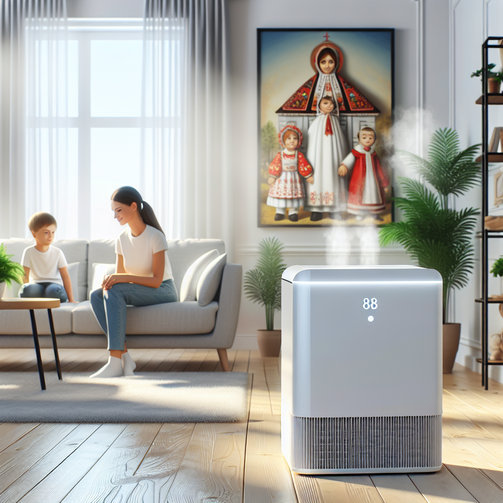 Светлая современная гостиная с семьей славянской внешности, в углу работает современный компактный очиститель воздуха DYPEMOP, атмосфера чистоты, уюта и безопасности.