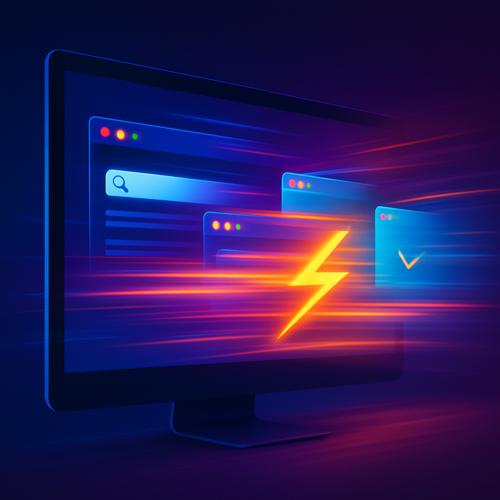 Кадр передаёт ощущение «волшебной» скорости: яркие световые полосы вырываются из экранов приложений-окошек, мчащихся по тёмному футуристическому фону, подчёркивая мгновенную реакцию и отсутствие тормозов в современном софте.