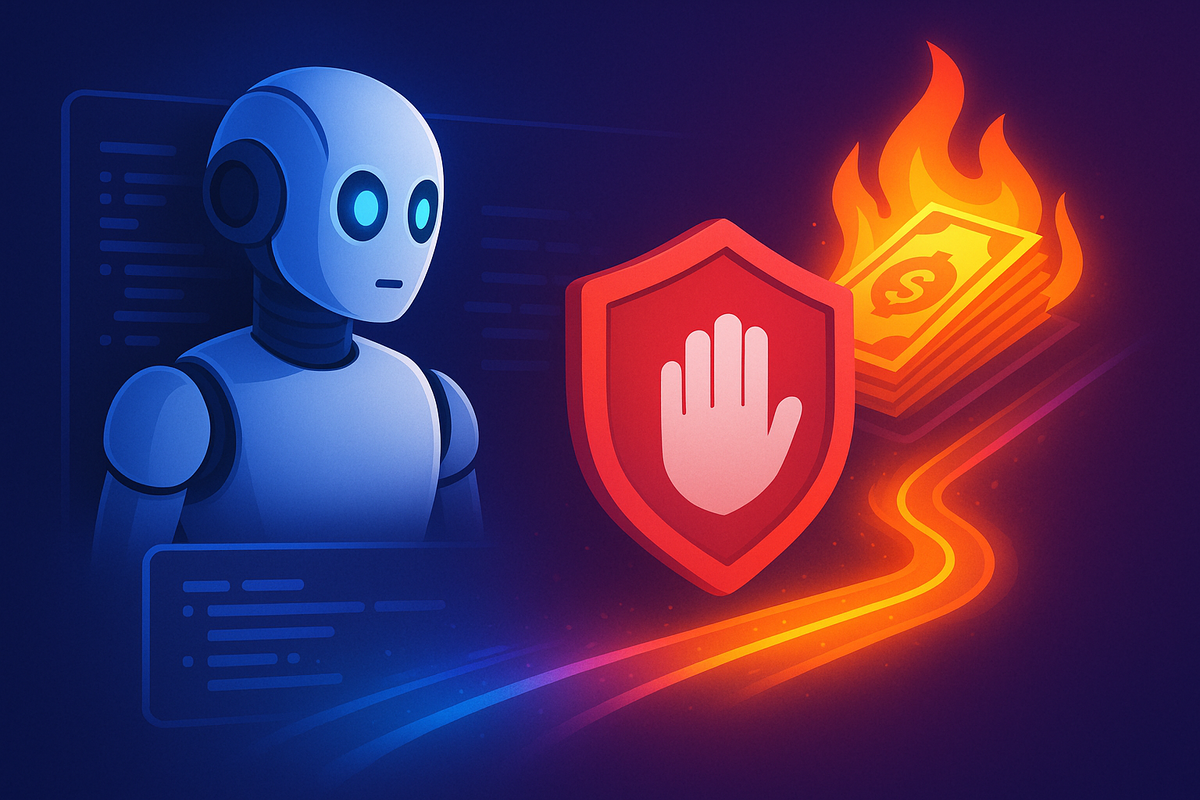 Робот-агент тянется к огненному потоку банкнот, но красный щит-преграда символически останавливает расходы — визуальная метафора того, как AgentGuard «убивает» процессы до финансовой катастрофы.