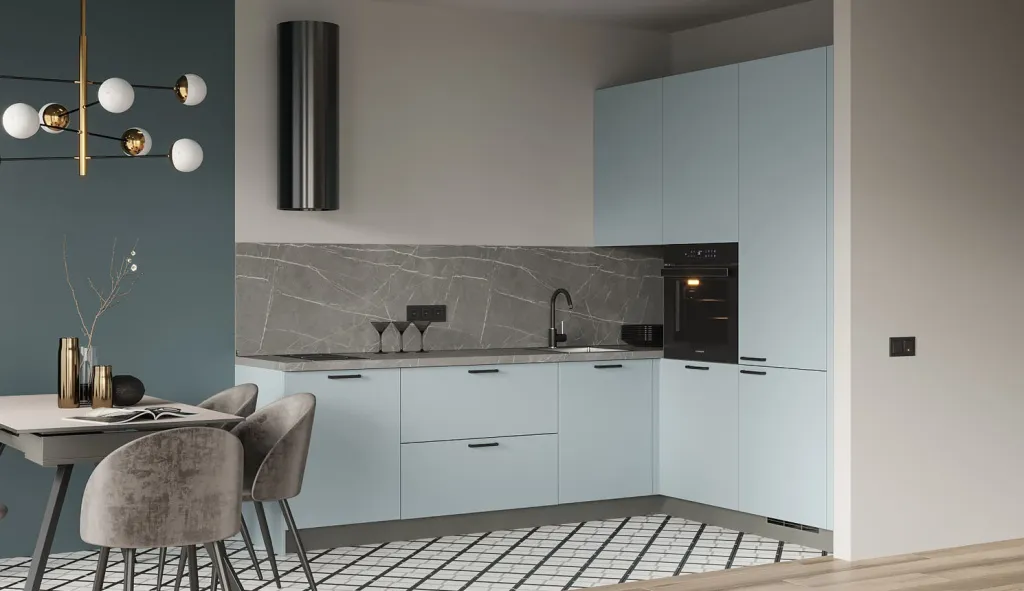 Цвет стены и кухни — вариация одного цвета разного тона, это сразу раздвигает границы пространства и очень подходит для маленьких помещений