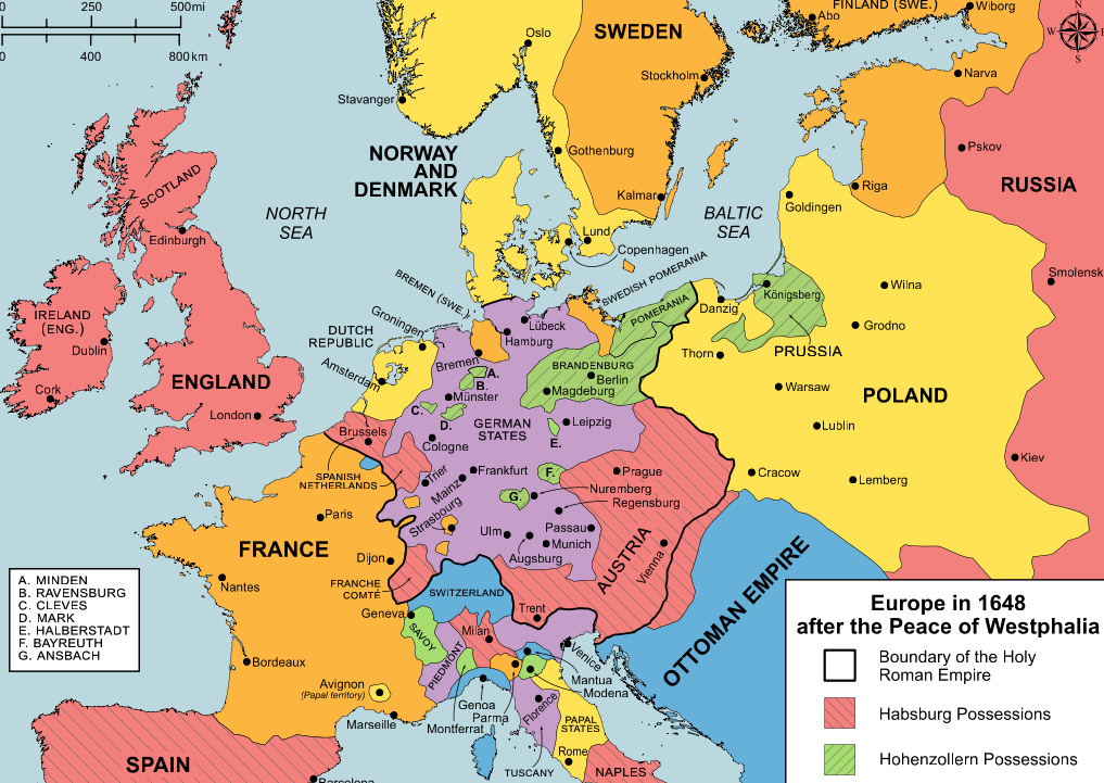 Европа в 1648г. после подписания мирных соглашений 