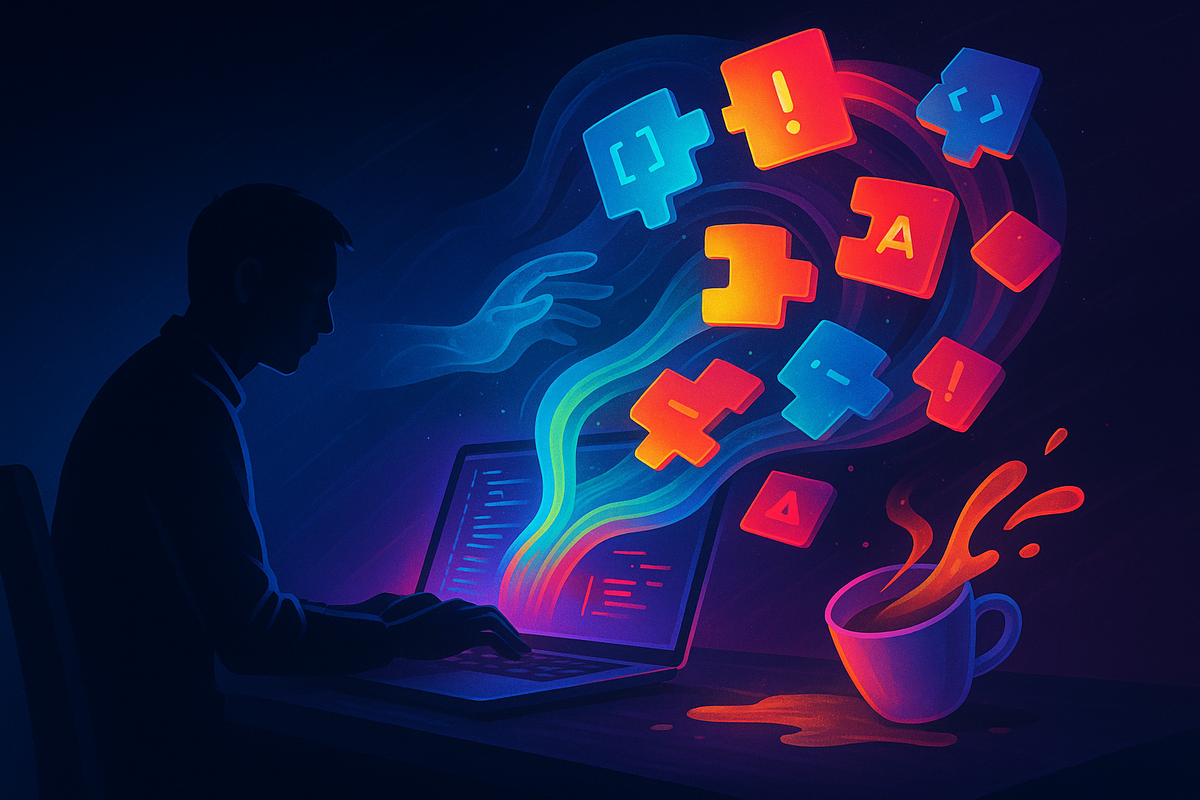 Неоновые блоки-символы вылетают из ноутбука как хаотичный поток «вибе-кода», а призрачная рука ИИ толкает их вперёд; рядом опрокинутая чашка кофе подчёркивает спешку и пренебрежение стандартами.