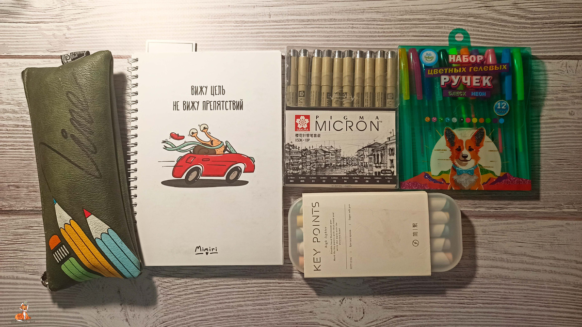 Канцелярия для оформления: пенал, ежедневник, набор линеров, текстовыделители и гелевые ручки