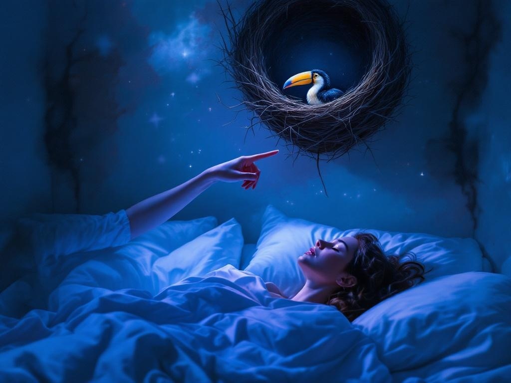    К чему такое снится: На моей картине изображена комната с гнездом в форме кувшина на стене под потолком. Из гнезда выглядывает вороненок с большим клювом, и женщина касается его клюва ук