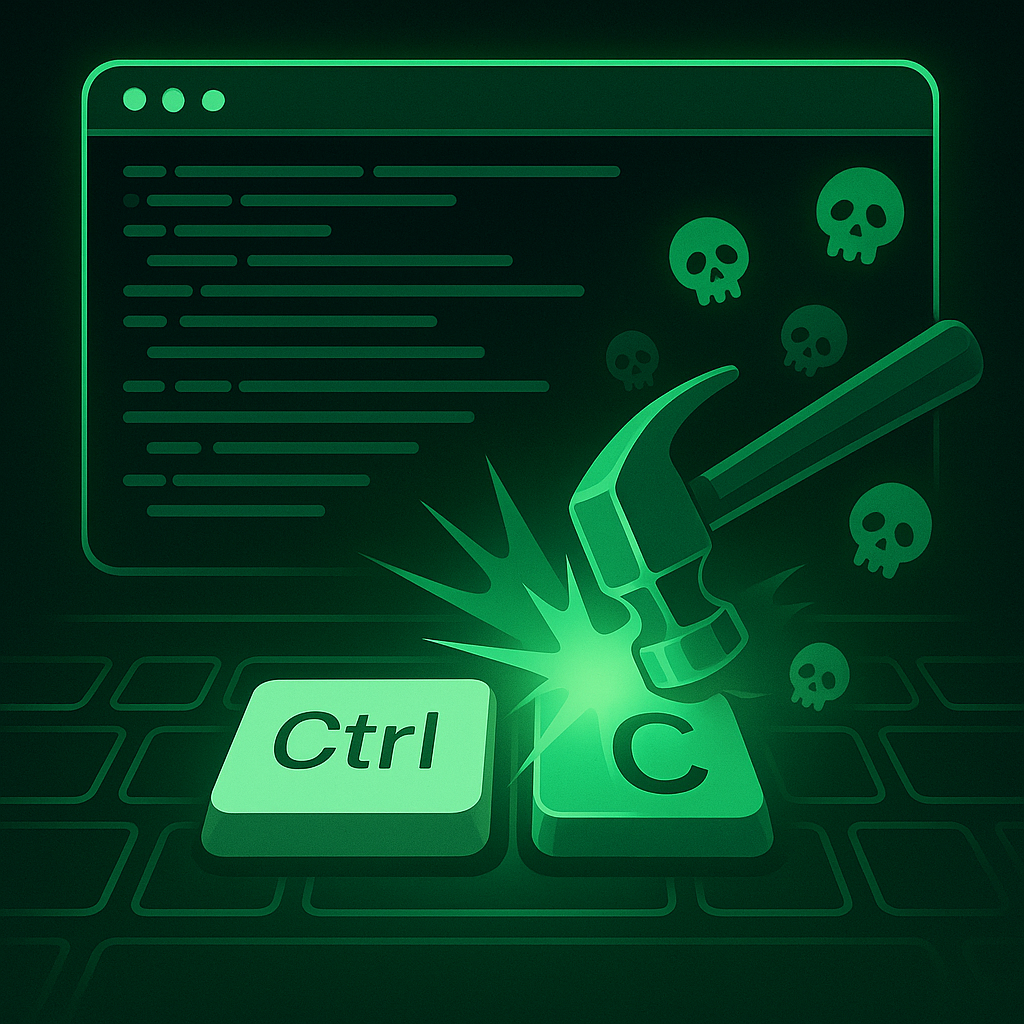 Неоново-зелёный терминал, клавиши «Ctrl» и «C» вспыхивают, а молоток символически «разбивает» мелких зомби-черепки процессов — образ точного, безопасного прерывания Rust-приложения и убийства зависших потомков.