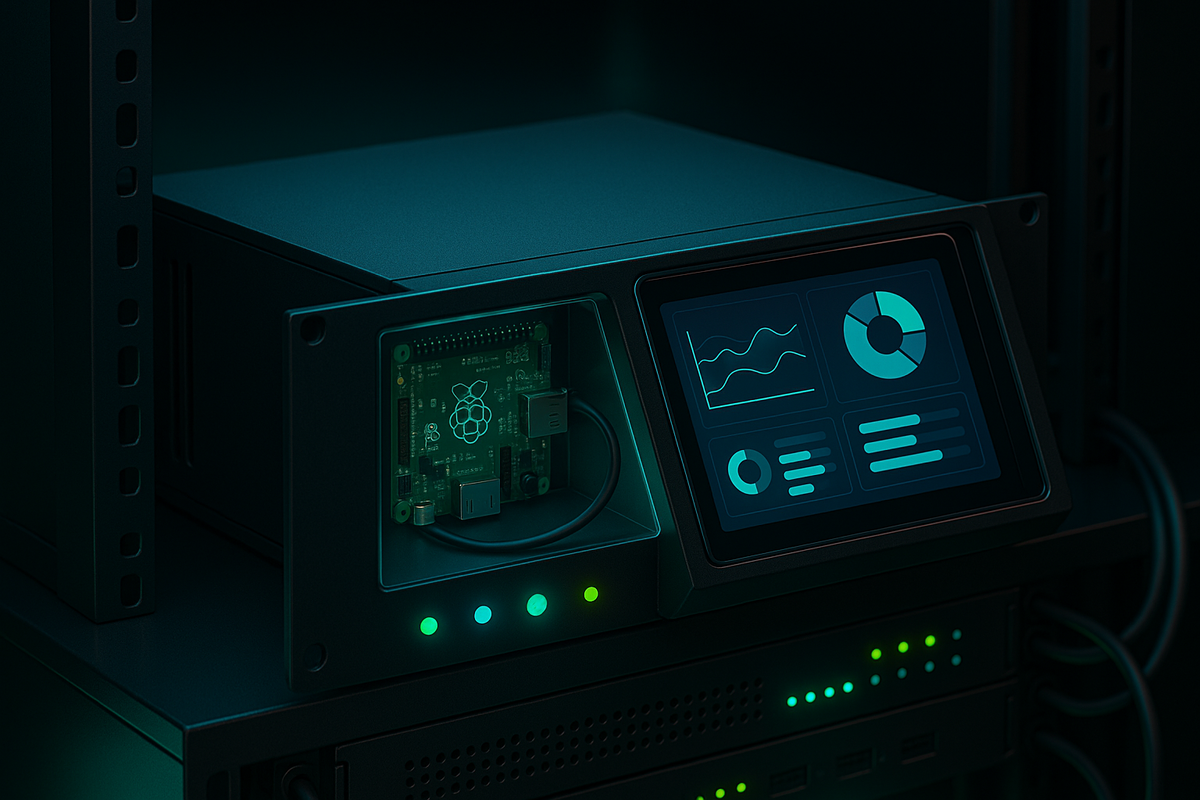 Мини-стойка сияет неоновыми огнями: в 2U-корпусе видно плату Raspberry Pi и сенсорный экран с графиками — компактный GUI-модуль, который позволяет управлять домашним хабом прямо в стойке без монитора и клавиатуры.