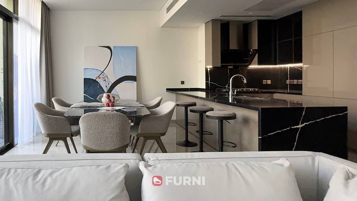 Интерьер выполнен в современном стиле с элементами минимализма; проект Furni в Дубае