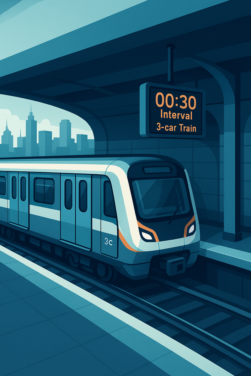 Короткий трёхвагонный поезд останавливается у компактной платформы, а табло «30 сек / 3 вагона» подчёркивает идею: меньше станция — выше частота и ниже стоимость метро.