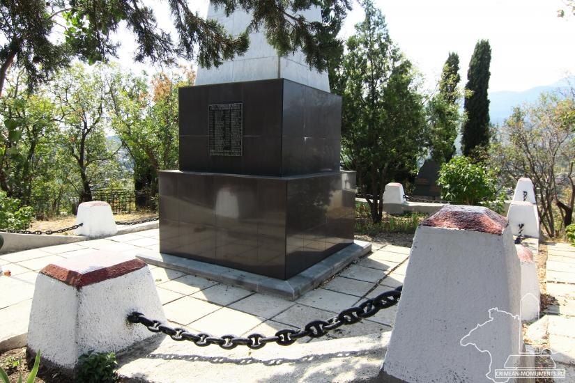 Здесь захоронены 86 воинов Советской армии, в их числе (звания и фамилии захороненных). Вечная память воинам, павшим за освобождение г. Алушты