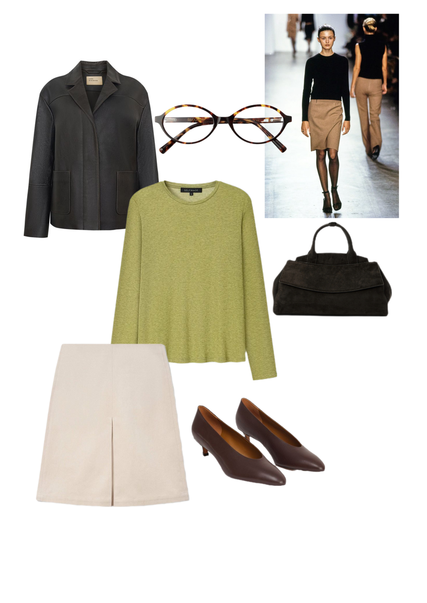 Лонглив с шерстью Selfmade, Юбка хлопковая Sanchy (на распродаже сейчас), Туфли Present&Simple, Очки Ruxara, Кожаный жакет Luda Nikishina, Сумка замша Ekonika                                                                                                                                           