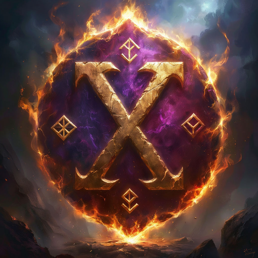 ©Совместное авторство ИИ Нейросеть Алиса и Николая Рукмитд- Дмитрук. На изображении представлен символ, который напоминает руну Одал, но с добавлением дополнительных элементов, таких как огненные языки пламени и ромбовидные фигуры. Руна Одал в традиционной интерпретации символизирует наследие, родственные связи и имущество. Однако в данном случае её оформление может быть связано с фантастическим или художественным контекстом, возможно, с элементами магии или силы.