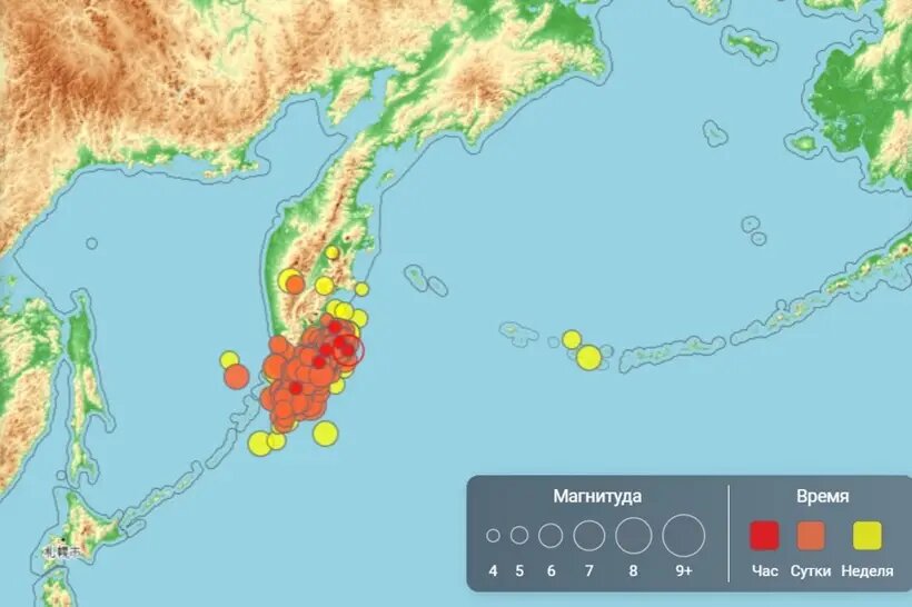  Сейсмическая активность в районе Камчатки за последние сутки   Скриншот с сайта Камчатского филиала Геофизической службы РАН