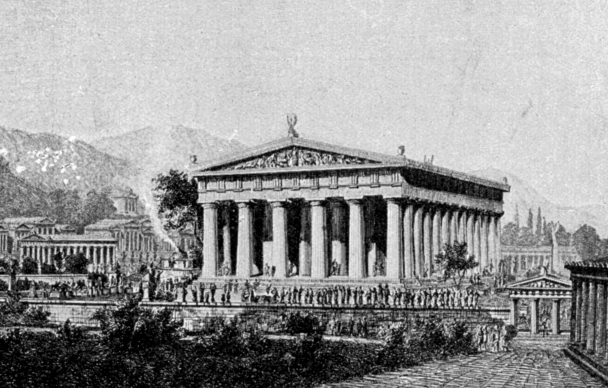 Историческая реконструкция храма Зевса XIX века, художники — Вильгельм Любке, Макс Земрау. Общественное достояние: https://commons.wikimedia.org/w/index.php?curid=866537 