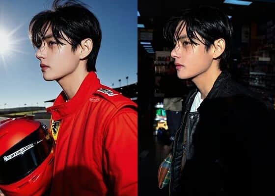 Фото: Ви из BTS в образе гонщика, созданное ИИ (слева) и оригинальное фото