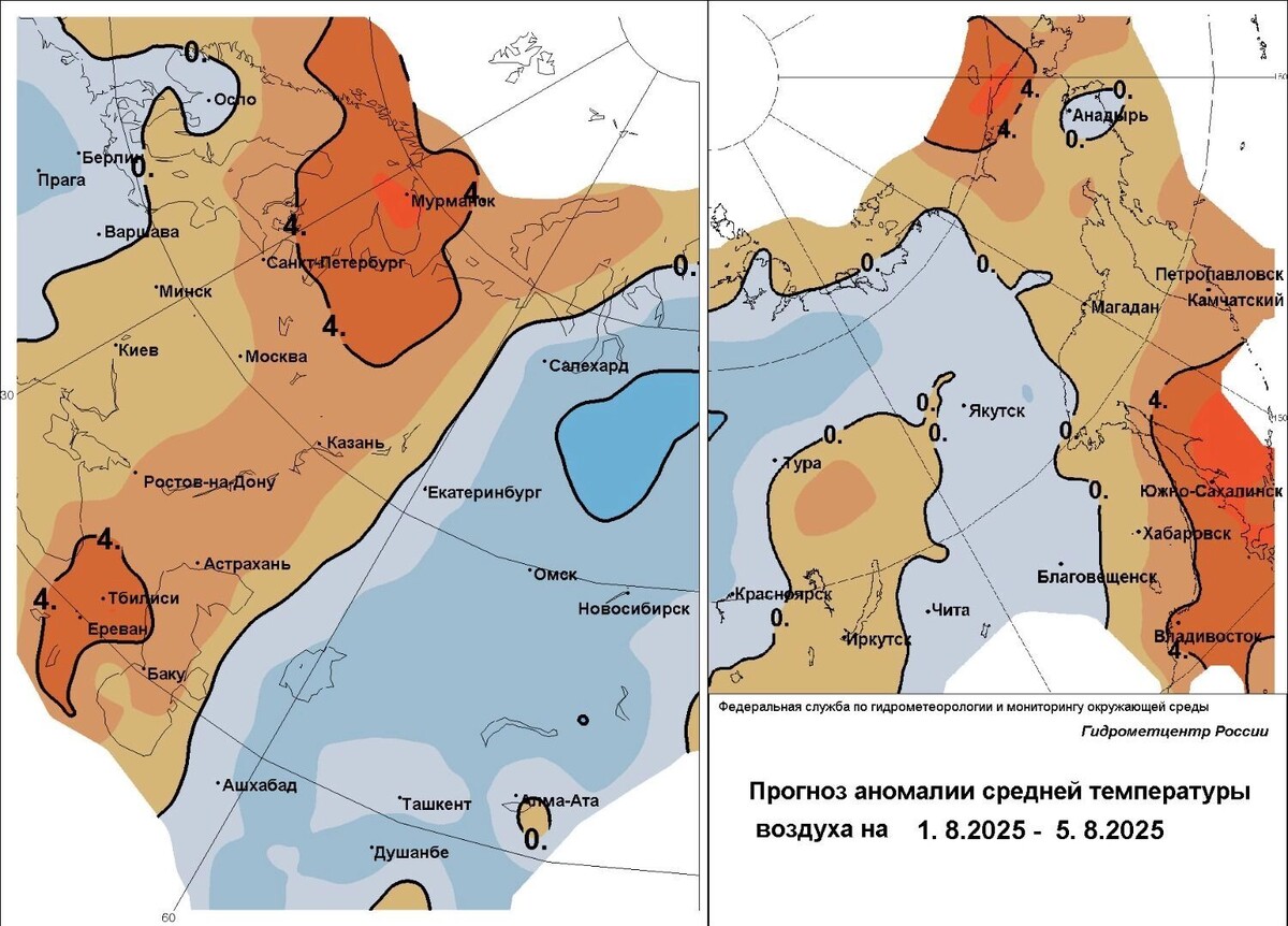 Прогноз отклонения среднесуточной температуры от климатической нормы. Фото: Гидрометцентр России