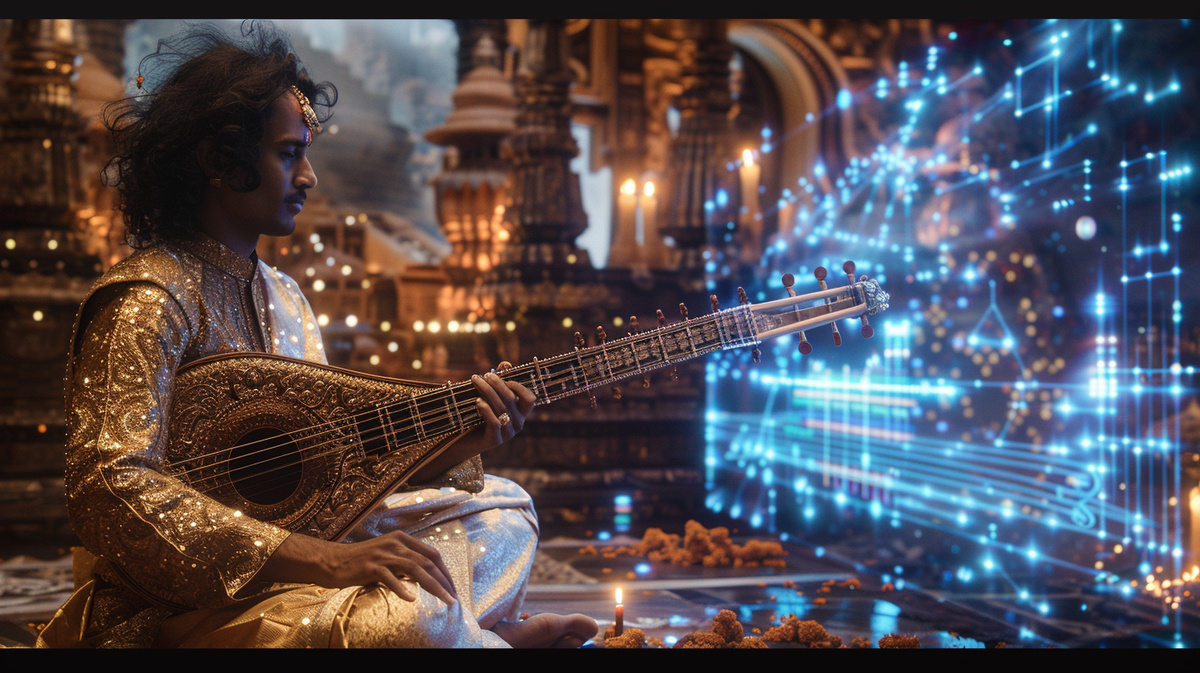 Традиции встречают будущее: индийский музыкант играет на ситаре, а его мелодия превращается в цифровые потоки данных — символ того, как ИИ меняет болливудскую музыку, сохраняя её душу