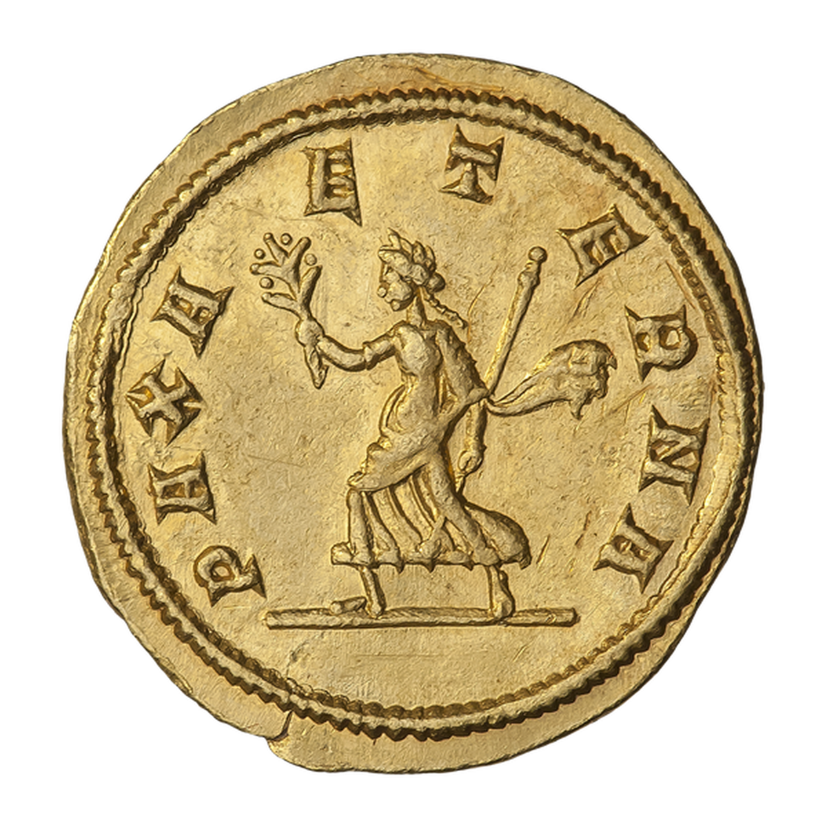    Богиня Пакс на ауреусе Марка Аврелия (283—285). Ок. 282 г. Рим