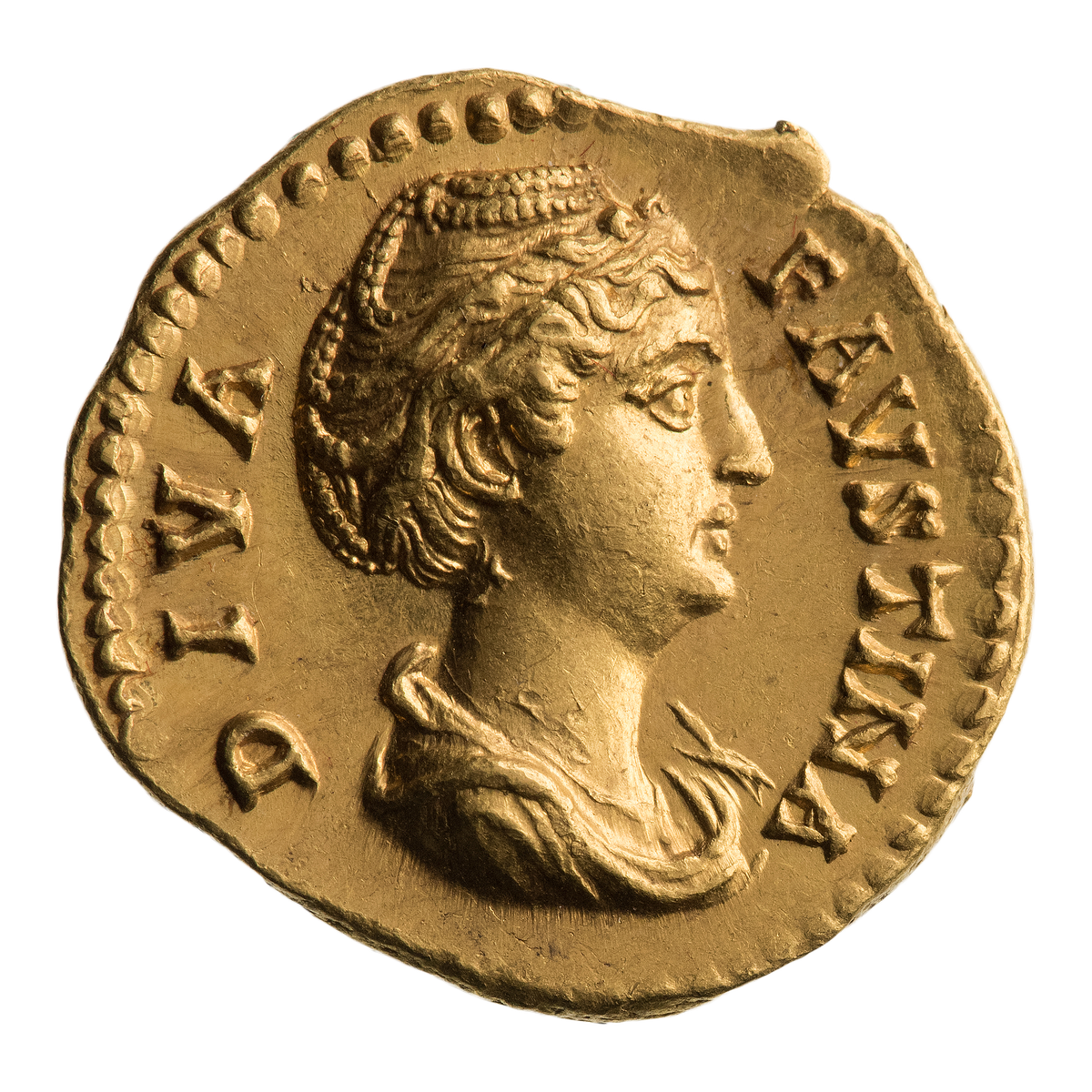    Фаустина Старшая, жена Антонина Пия. Посмертная чеканка (после 141 г.). Ауреус. Ок. 141—161 гг. Рим.Музей Международного нумизматического клуба