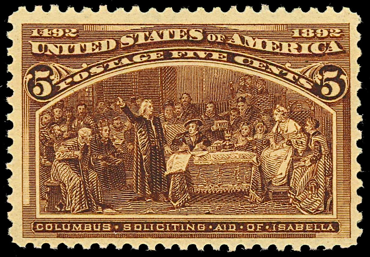    Почтовая марка США номиналом 5 центов. Христофор Колумб обращается за помощью к Изабелле КастильскойWikiCommons