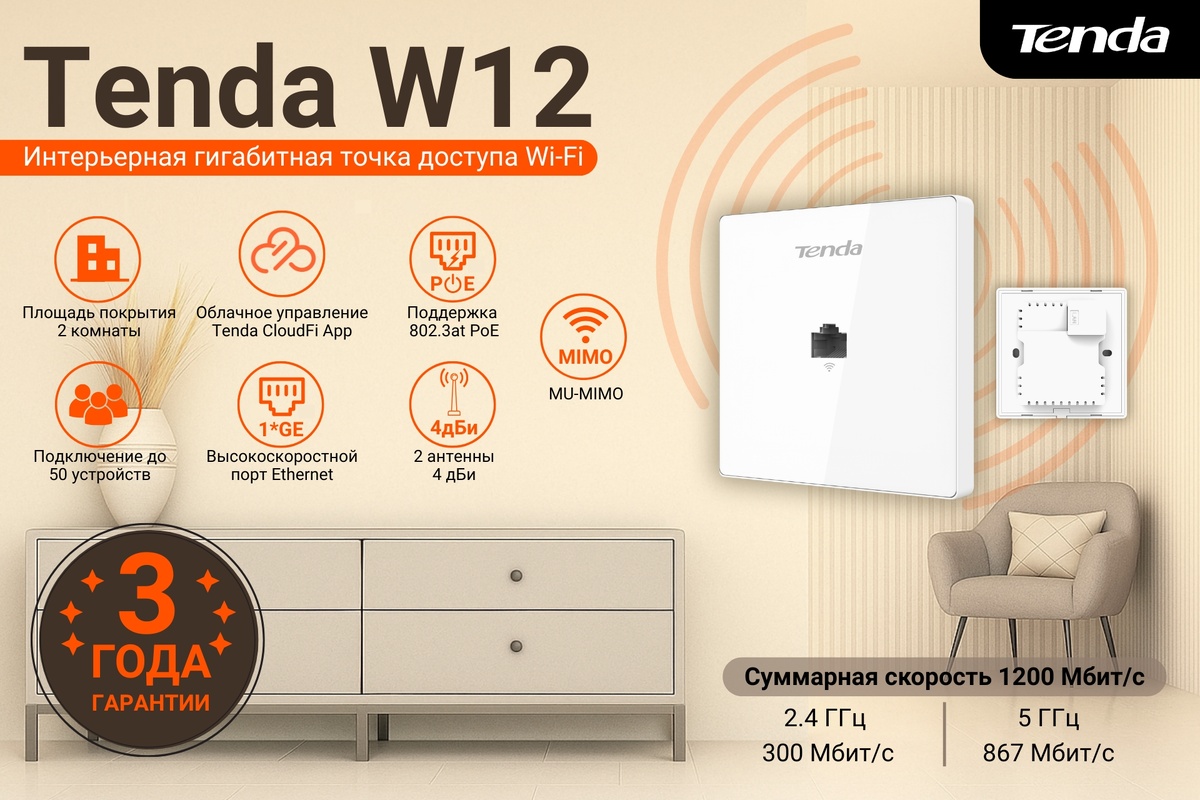 Tenda W12 V2.0 Интерьерная двухдиапазонная гигабитная точка доступа Wi-Fi AC1200 для встраивания в стену с питание по PoE.