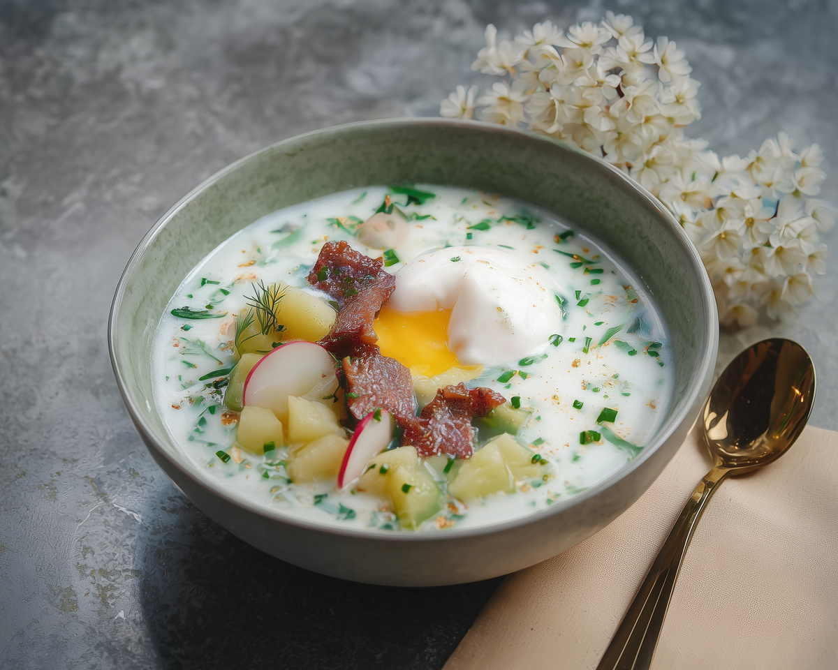 Окрошка на айране с томлёной грудинкой и яйцом пашот