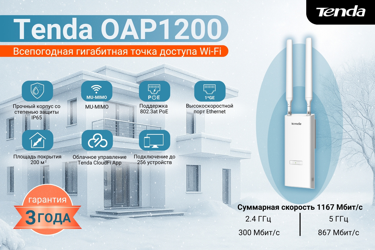 Благодаря корпусу IP65 Tenda OAP1200 разработана для обеспечения беспроводного покрытия на заводах, складах и в других сложных условиях. на открытом воздухе.