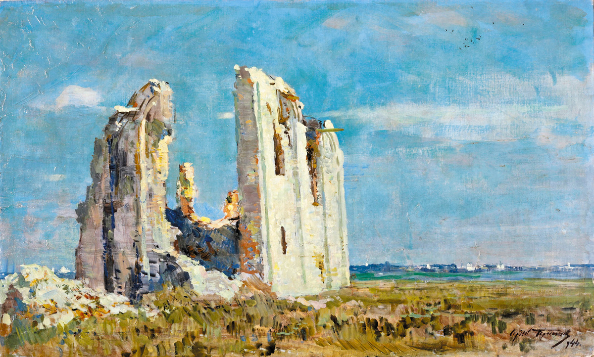 Церковь Спаса Преображения на Нередице. Вид руин. Рисунок С. Герасимова. 1944. Бумага, акварель. ИЗ СОБРАНИЯ ГОСУДАРСТВЕННОГО МУЗЕЯ АРХИТЕКТУРЫ ИМЕНИ А. В. ЩУСЕВА