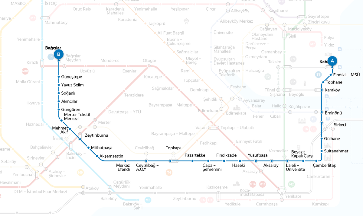 Схема маршрута трамвая Т1 на карте метро Стамбула. Source: Yandex.Metro