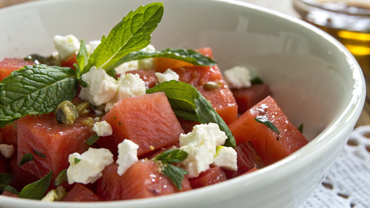 Салат с арбузом, фетой и мятой