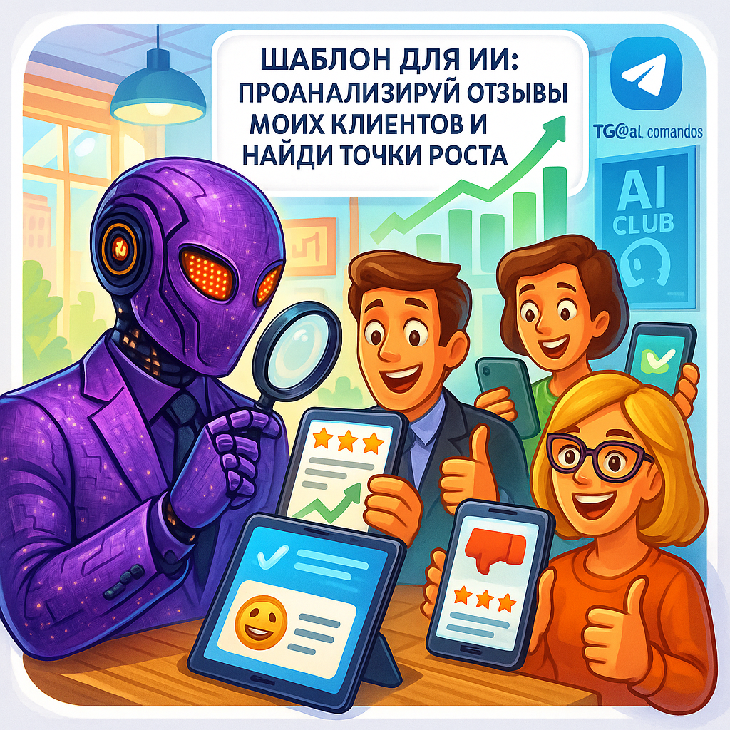    Шаблон для ИИ: "Анализируй отзывы клиентов и найди точки роста" за 15 минут: 3 стратегии роста продаж на 300% даже без маркетолога Дмитрий Попов | Comandos.ai
