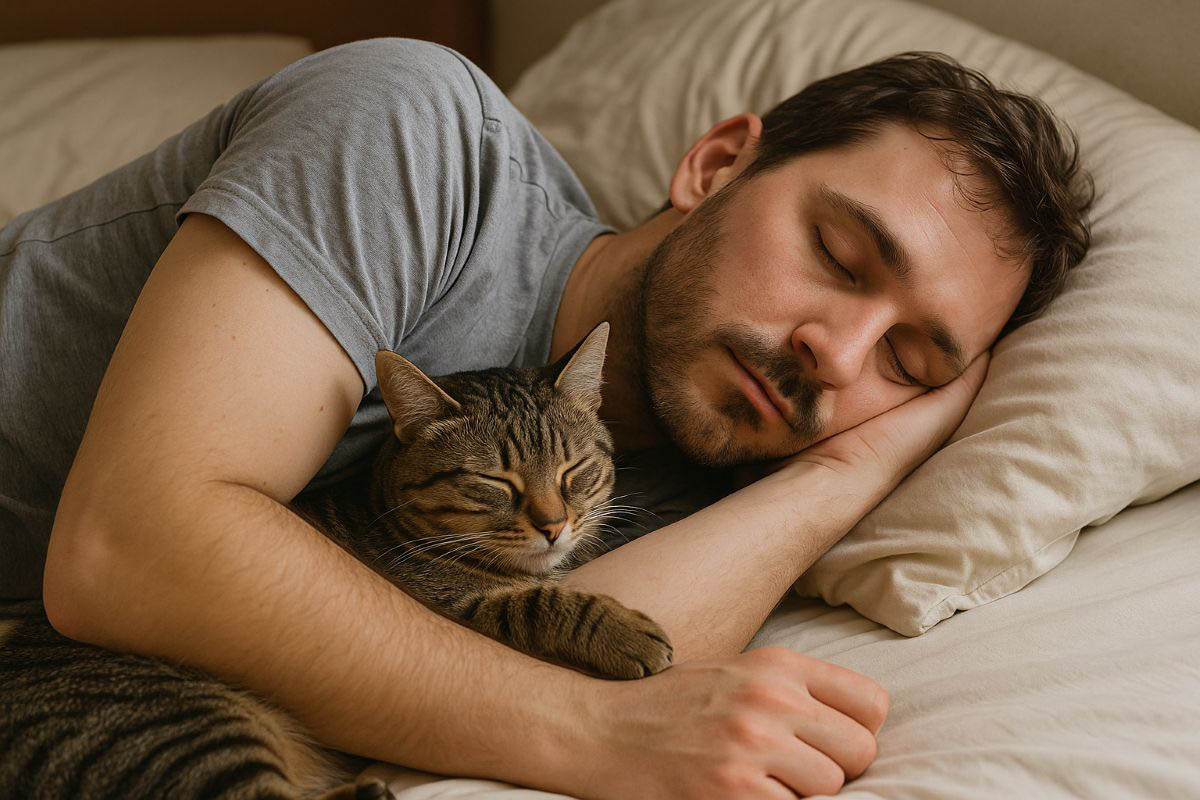 Если кот приучится спать во время вашего сна, не придется просыпаться среди ночи от забегов по шторам. Источник: нейросеть📷
