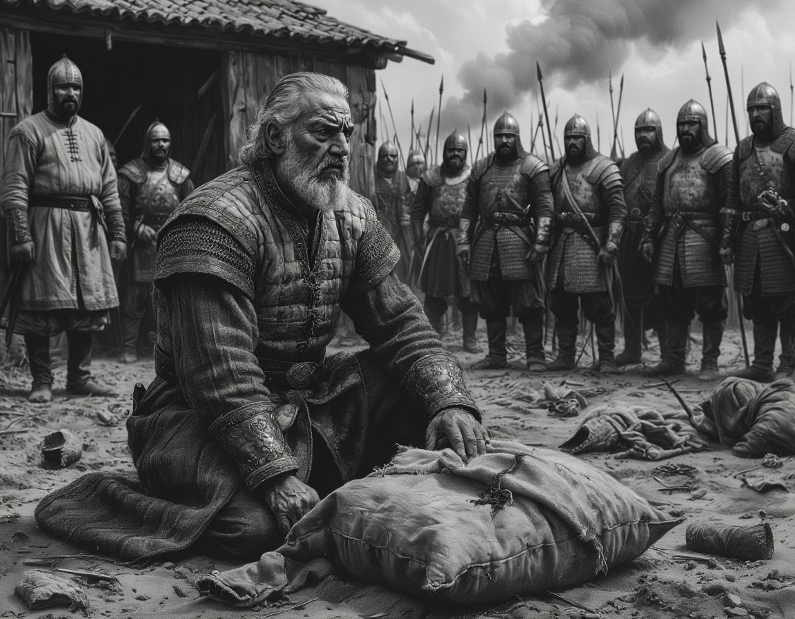 В лагере Османа византийский гонец бросает к его ногам окровавленный мешок с отрубленной головой текфура Сароса