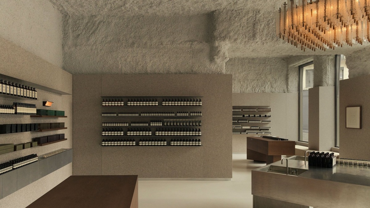 Магазин Aesop в Лионе по проекту бельгийской студии Nicolas Schuybroek Architects. Кортеновская сталь, шерстяной фетр и пожарная пена.