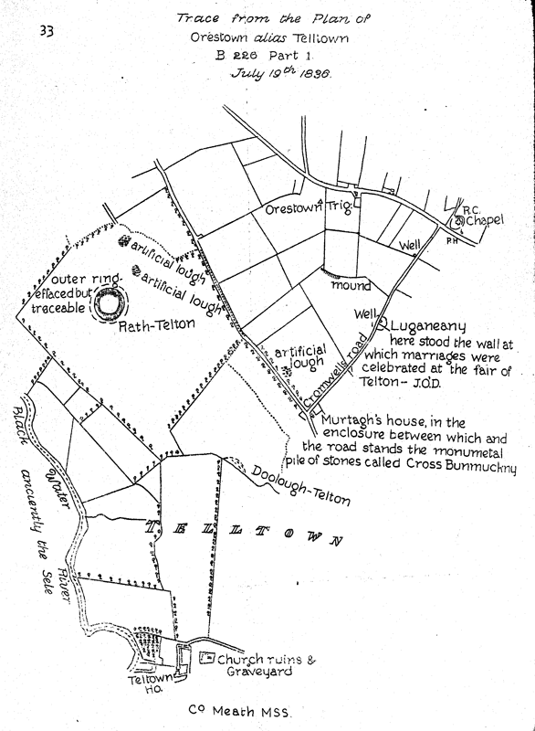 Карта Тельтауна, с уточнениями землемера О'Донневана. Фактически он был самым грамотным этнографом в Ирландии первой половины XIX  века и нанёс на карты множество археологических памятников. На карте в верхней левой части карты два искусственных водоёма, а Luganeany - та самая теснина с воротами, где люди женились вслепую.
